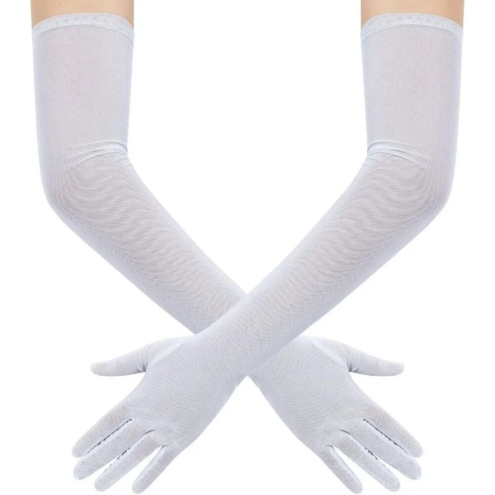 Women's Tulle Mesh White Long Stretchy Gloves Halloween Party Wedding Costume
